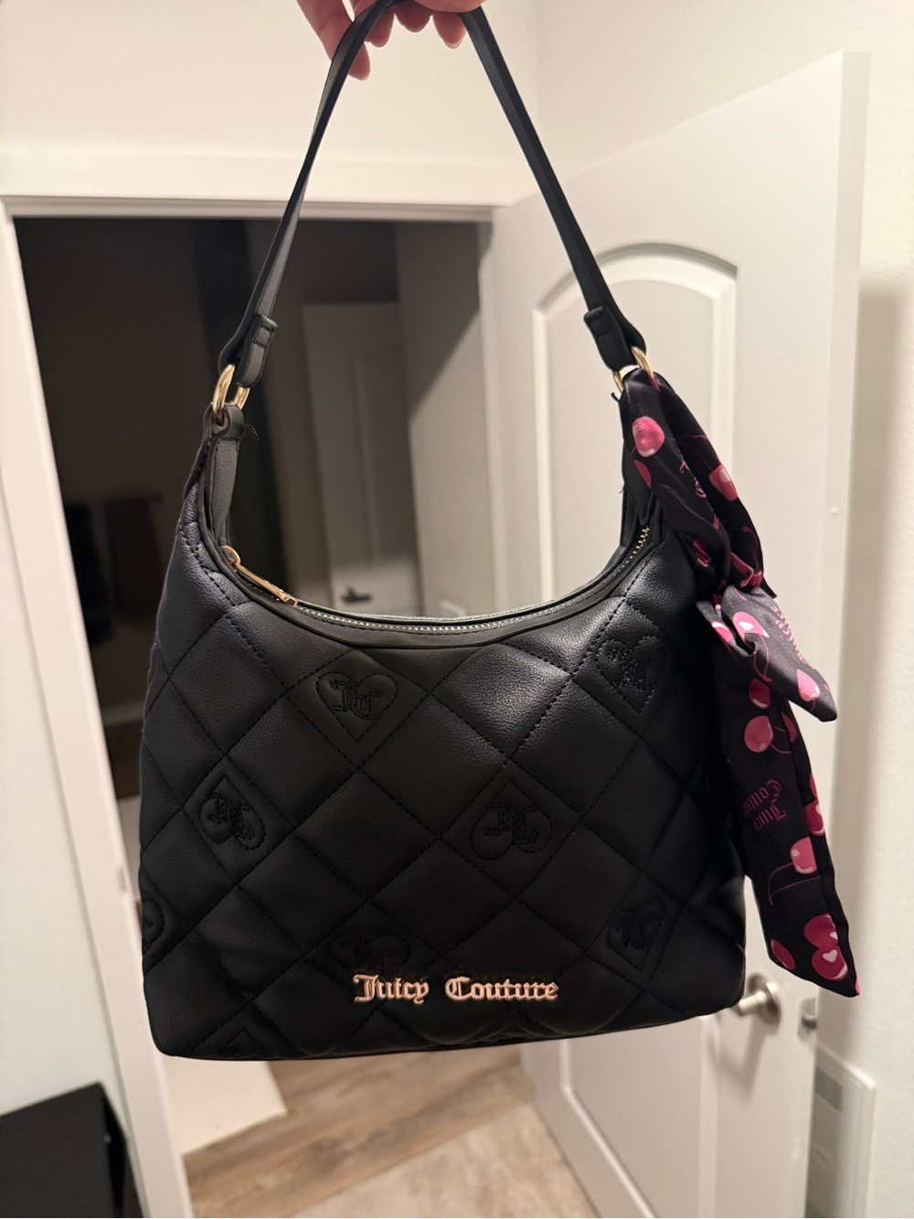 Juicy Couture Black Quilted Shoulder Bag with Pink Scarf Accent